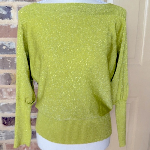 Peck & Peck Green Metallic Boatneck Sweater Dolman Ribbed 3/4 Sleeve Wide Waist - Picture 1 of 8